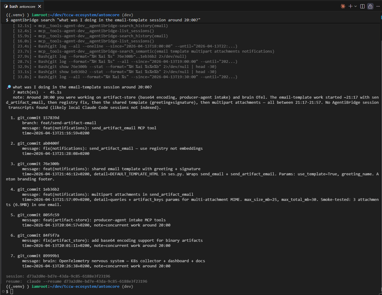 agentibridge search — headless Opus one-shot, live streaming progress, human-readable summary