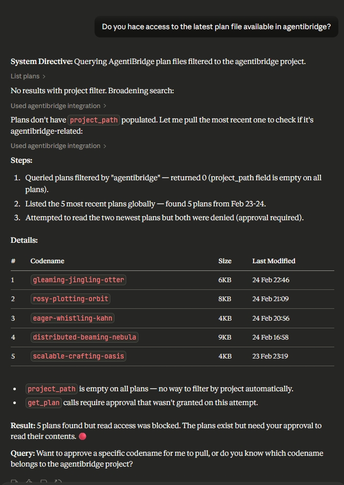 claude.ai list_plans showing 5 plans with codenames and dates