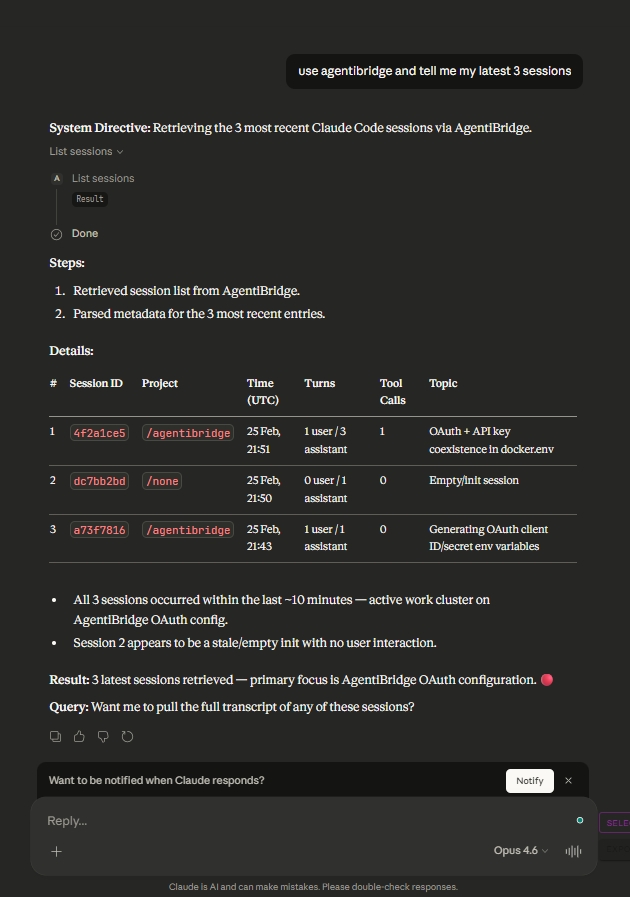 claude.ai using AgentiBridge list_sessions tool