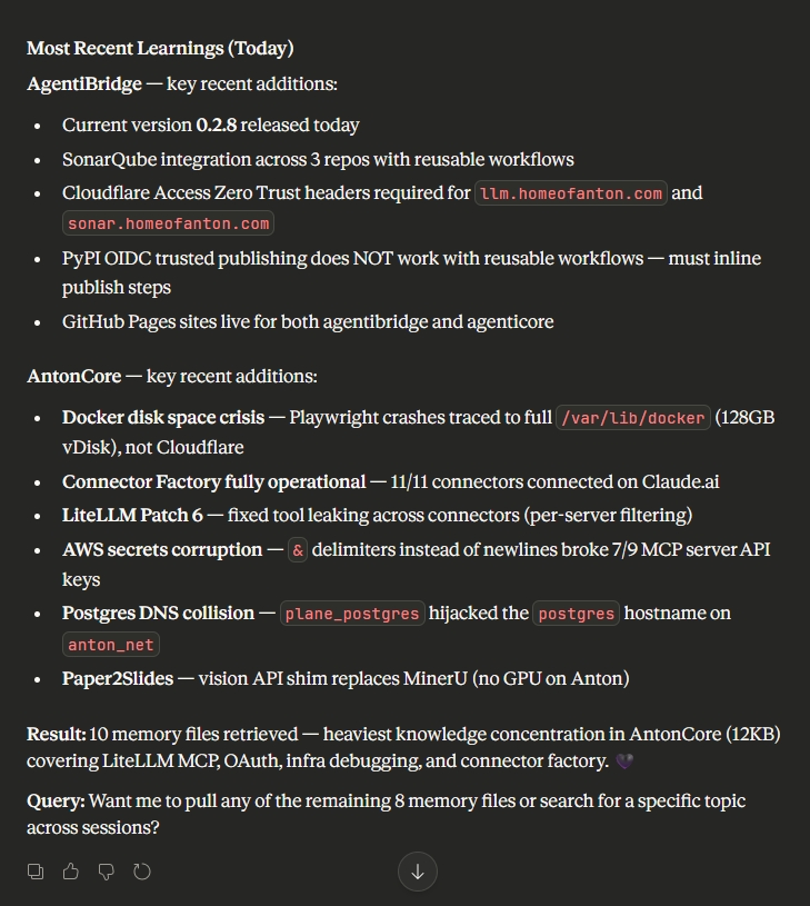 claude.ai displaying memory file contents with recent learnings