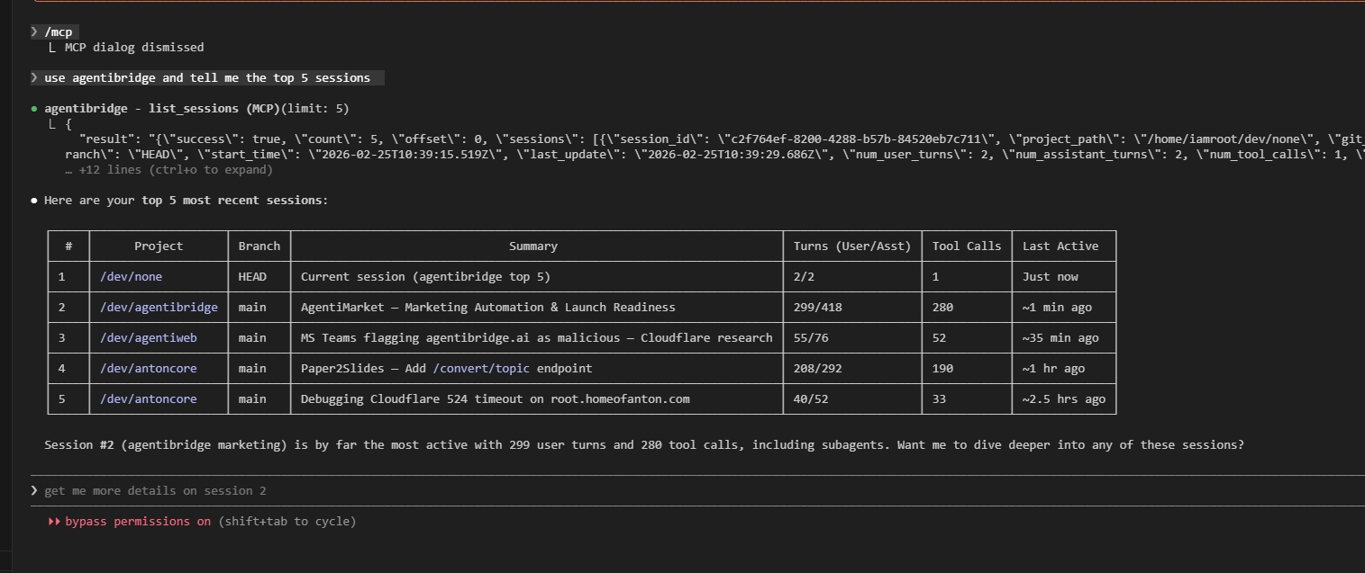 CLI list_sessions output showing 5 sessions with project, summary, turns, and tool calls